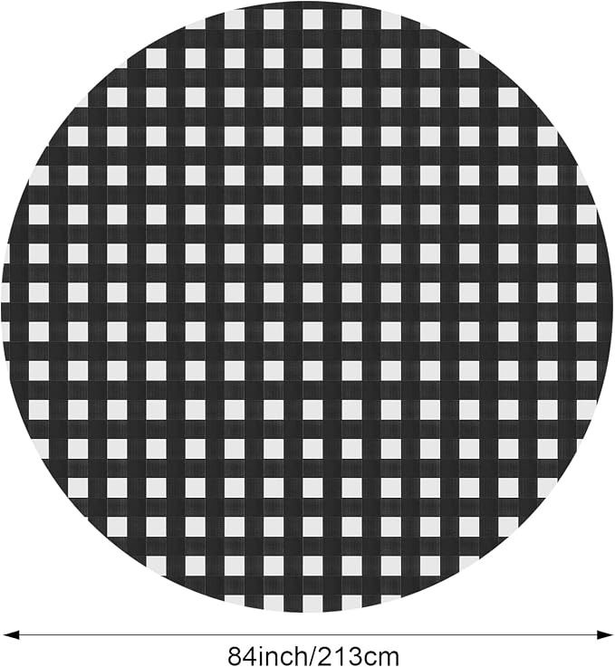 Disposable Checkered Tablecloth Round Plastic Buffalo Plaid Table Cloth 84'' Gingham Tablecover for Picnic Camping BBQ Graduation Party (Black and White, 6 Pieces)