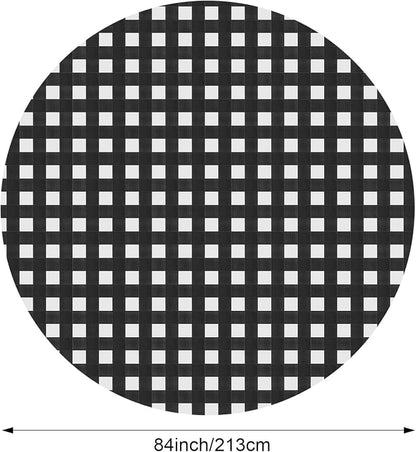 Disposable Checkered Tablecloth Round Plastic Buffalo Plaid Table Cloth 84'' Gingham Tablecover for Picnic Camping BBQ Graduation Party (Black and White, 6 Pieces)