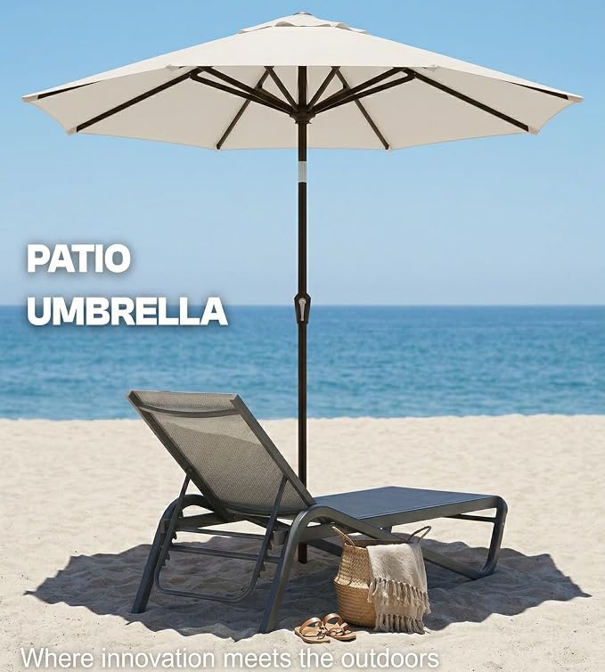 PatioKingdom Auto-Tilt 9FT Patio Umbrella Outdoor with 8 Sturdy Fiberglass Ribs,Market Table Umbrella for Pool,Backyard,Deck and Garden