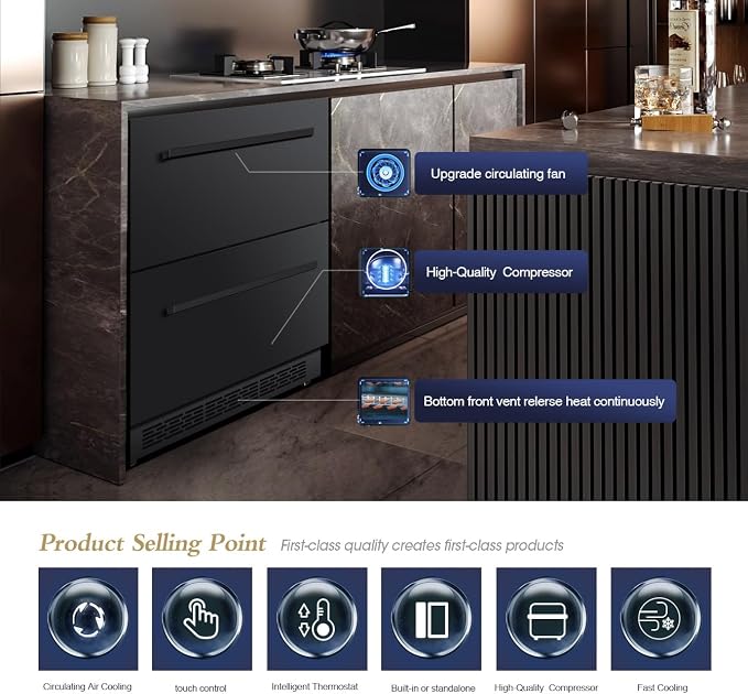 24 inch Double Drawer Drawer Refrigerator Under Counter with Freezer Beverage Refrigerator, Indoor/Outdoor Fridge for Patio, Kitchen & Bar, Weatherproof (Black)