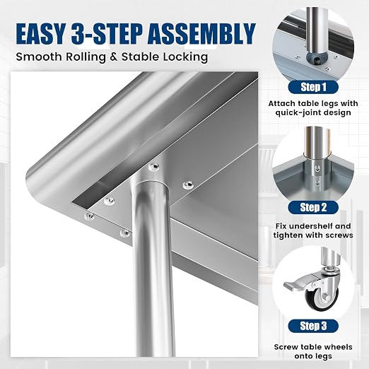 Stainless Steel Work Table with Wheels, 30x60 Inch NSF Kitchen Prep Table with Adjustable Undershelf for Commercial Restaurant, Garage, Outdoor BBQ