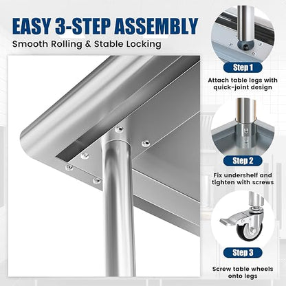 Stainless Steel Work Table with Wheels, 24x60 Inch NSF Kitchen Prep Table with 2 Adjustable Undershelves for Commercial Restaurant, Garage, Outdoor BBQ