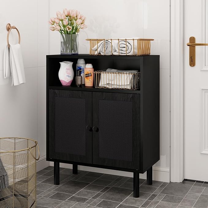 Rattan Storage Cabinet, Boho Accent Cabinet with Double Doors | Small Freestanding Sideboard for Hallway, Laundry Room,Kitchen, Dining Room, Entryway (Black)