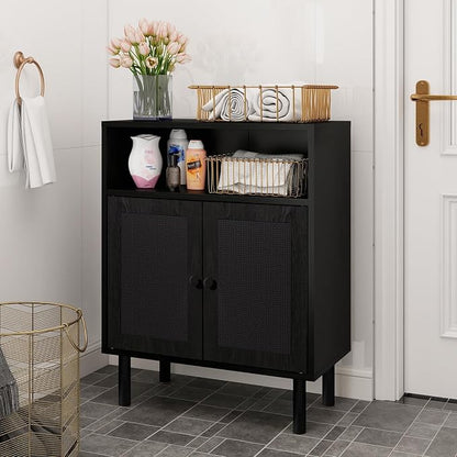 Rattan Storage Cabinet, Boho Accent Cabinet with Double Doors | Small Freestanding Sideboard for Hallway, Laundry Room,Kitchen, Dining Room, Entryway (Black)