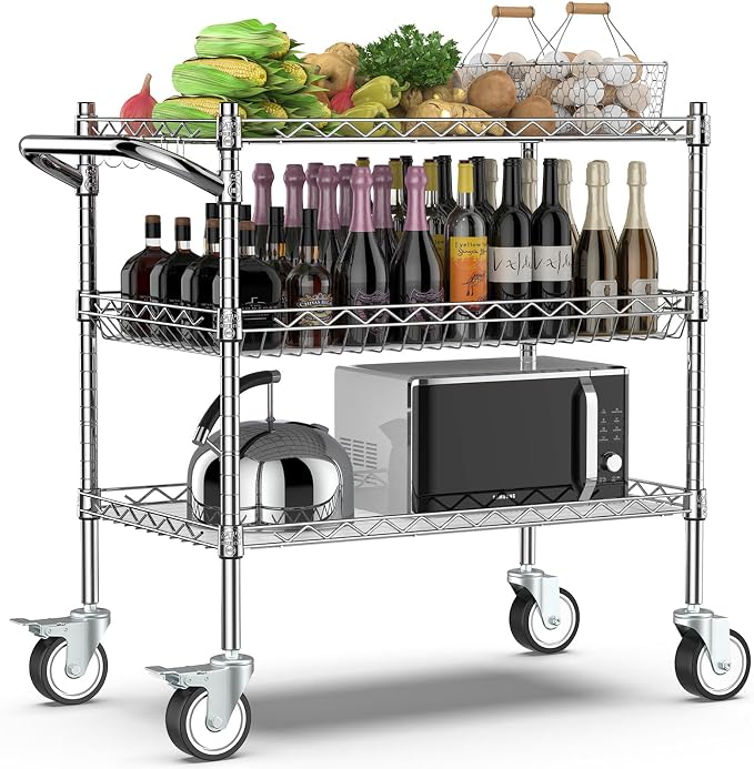 Leteuke 3 Tier Rolling Carts with Wheels, Heavy Duty Rolling Utility Cart | NSF Commercial Grade Metal Cart with Handle&Shelf Liner,Trolley Serving Cart for Kitchen,Restaurant,Plant Display,Chrome