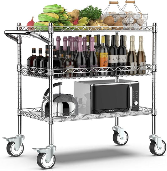 Leteuke 3 Tier Rolling Carts with Wheels, Heavy Duty Rolling Utility Cart | NSF Commercial Grade Metal Cart with Handle&Shelf Liner,Trolley Serving Cart for Kitchen,Restaurant,Plant Display,Chrome