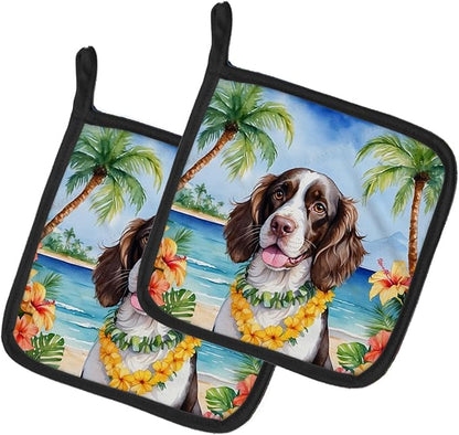 Caroline's Treasures English Springer Spaniel Luau Pair of Pot Holders Kitchen Heat Resistant Pot Holders Sets Oven Hot Pads for Cooking Baking BBQ, 7 1/2 x 7 1/2