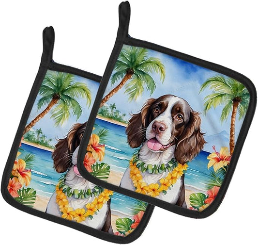 Caroline's Treasures English Springer Spaniel Luau Pair of Pot Holders Kitchen Heat Resistant Pot Holders Sets Oven Hot Pads for Cooking Baking BBQ, 7 1/2 x 7 1/2