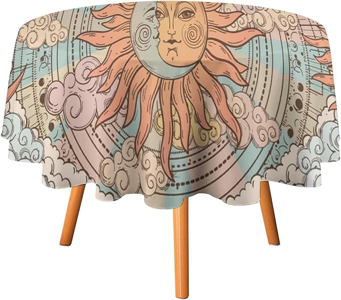 Retro Sun Moon Round Tablecloth Vintage Mystical Astrology Tarot Zodiac Galaxy Space Table Cloth Water Resistant Wipeable Table Cover for Farmhouse Picnic Party Holiday Kitchen Dinner Table 60"