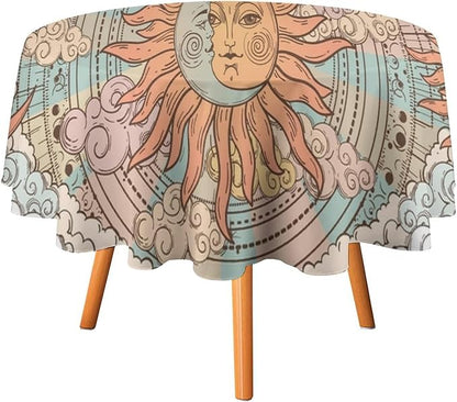 Retro Sun Moon Round Tablecloth Vintage Mystical Astrology Tarot Zodiac Galaxy Space Table Cloth Water Resistant Wipeable Table Cover for Farmhouse Picnic Party Holiday Kitchen Dinner Table 36"