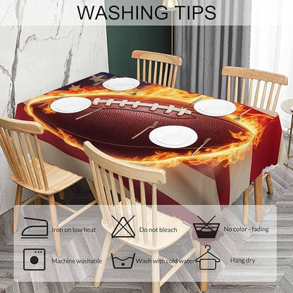 Tablecloth American Flag Football 52 X 70 Inch, Sport Fire Football USA Flag Oblong Table Cloths Anti-Shrink Decorative Table Cover for Kitchen Dinning Tabletop Outdoor Picnic BBQ