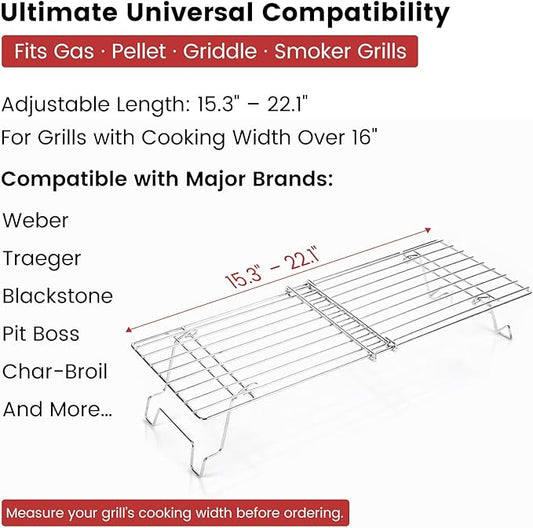 15.3"-22.1" Adjustable Foldable Universal Stainless Steel Grill Warming Rack - Fits Gas/Pellet/Griddle/Smoker Grills, Compatible with Weber, Traeger, Pit Boss Hot Series