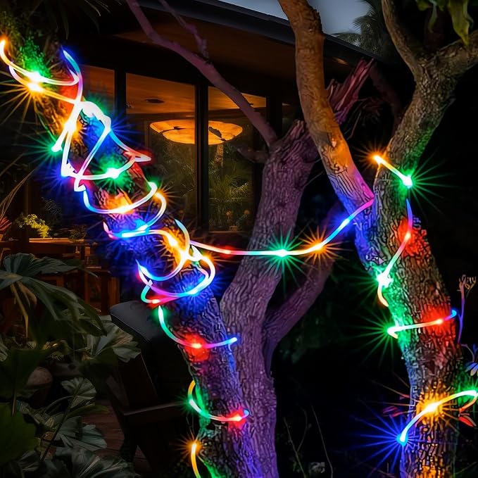 2Pack Solar Outdoor Garden Lights, Total 200LED Rope Decor Lights | Waterproof Auto On/Off with 8 Modes, Fairy Tree Rope Lights for Christmas Patio Garden Tree Wedding and Holiday Multicolor
