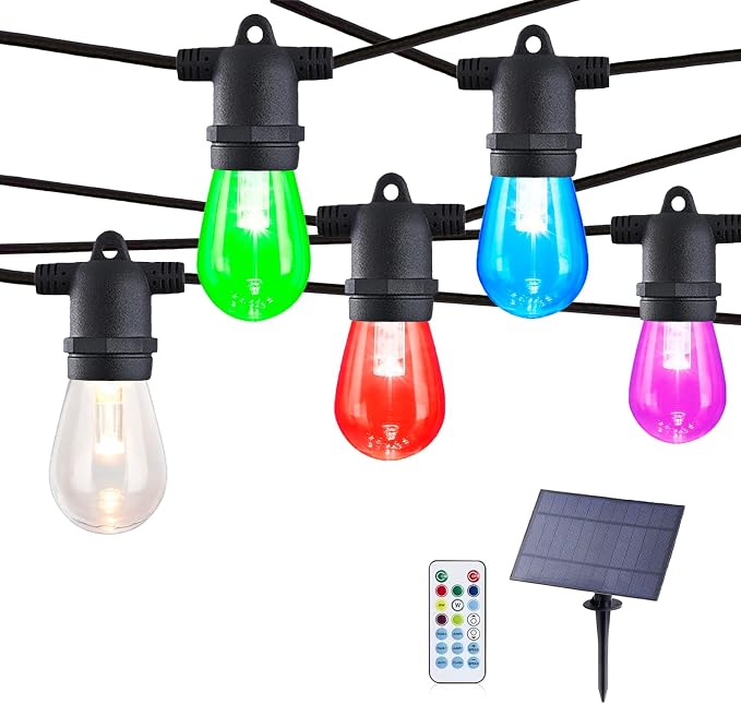 48FT Solar-Powered RGB Outdoor String Lights – Dimmable Waterproof Patio Lights with Remote Control for Garden, Backyard, and Deck