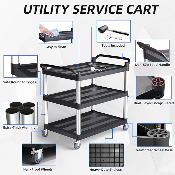 Utility Cart with Tangle-Free Wheels, Large Size 3 Tier Restaurant Cart | 2 with Brakes, Heavy Duty 450 Lbs Capacity,Commercial Serving Cart for Home, Office, Restaurant, Warehouse.
