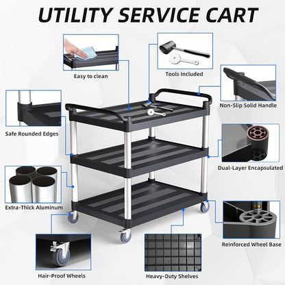 Utility Cart with Tangle-Free Wheels, Large Size 3 Tier Restaurant Cart | 2 with Brakes, Heavy Duty 450 Lbs Capacity,Commercial Serving Cart for Home, Office, Restaurant, Warehouse.