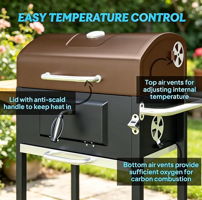 Portable Charcoal Grill with Foldable Side Shelf & Bottom Shelf, BBQ Smoker with Wheels and Adjustable Lid Vents for Picnic, Camping, Backyard Cooking (37" W x 20.5" D x 42.1" H)