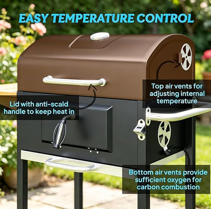 Portable Charcoal Grill with Foldable Side Shelf & Bottom Shelf, BBQ Smoker with Wheels and Adjustable Lid Vents for Picnic, Camping, Backyard Cooking (37" W x 20.5" D x 42.1" H)