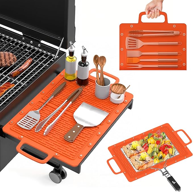 Portable Outdoor Silicone Grill Mat, Foldable Heat-Resistant Table Mat & BBQ Side Shelf Tool Pad with Snap Buttons, Converts into Storage Bag for Utensils and Food, Food-Grade, Non-Slip(Orange)