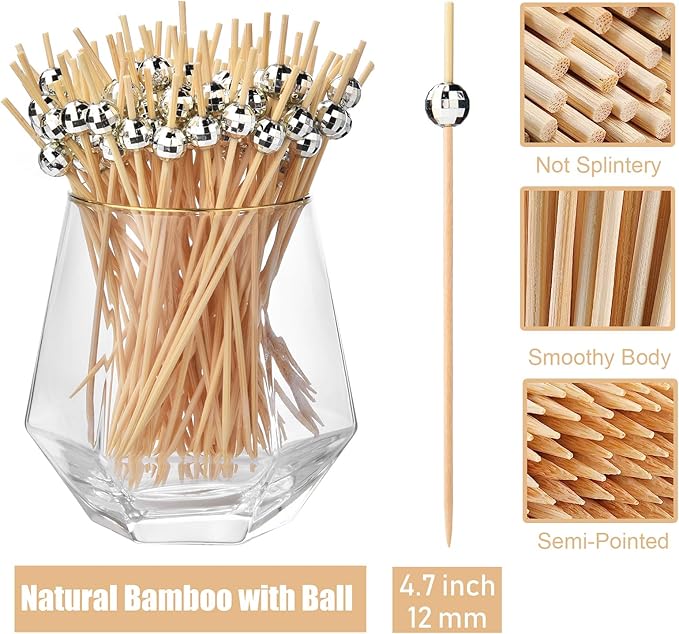 ALINK 100 Pcs Disco Ball Cocktail Picks, 4.7 in Disco Ball Decor Toothpicks for Appetizers, Drinks, Fruits, Silver Cocktail Skewers, Disco Party Decorations, Christmas, 70s Theme Party Supplies