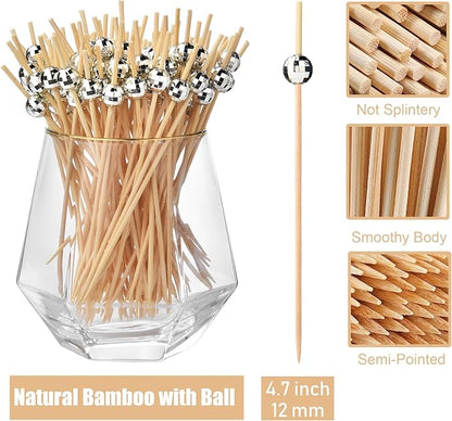 ALINK 100 Pcs Disco Ball Cocktail Picks, 4.7 in Disco Ball Decor Toothpicks for Appetizers, Drinks, Fruits, Silver Cocktail Skewers, Disco Party Decorations, Christmas, 70s Theme Party Supplies
