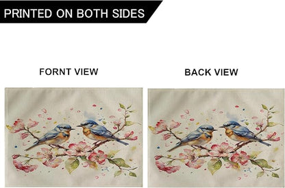 Watercolor Painting Birds Table Mats Set of 4 Spring Pink Flowers Placemats Waterproof Heat Resistant Washable Non-Slip Place Mats for Dinner Room Kitchen Decor Table 12”×16”(Pink)