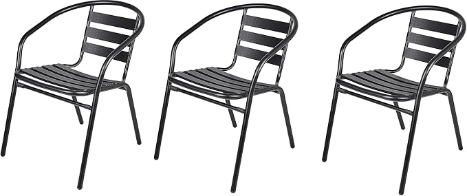 Indoor Outdoor Set of 3 Black Restaurant Metal Aluminum Slat Stack Chairs Lightweight