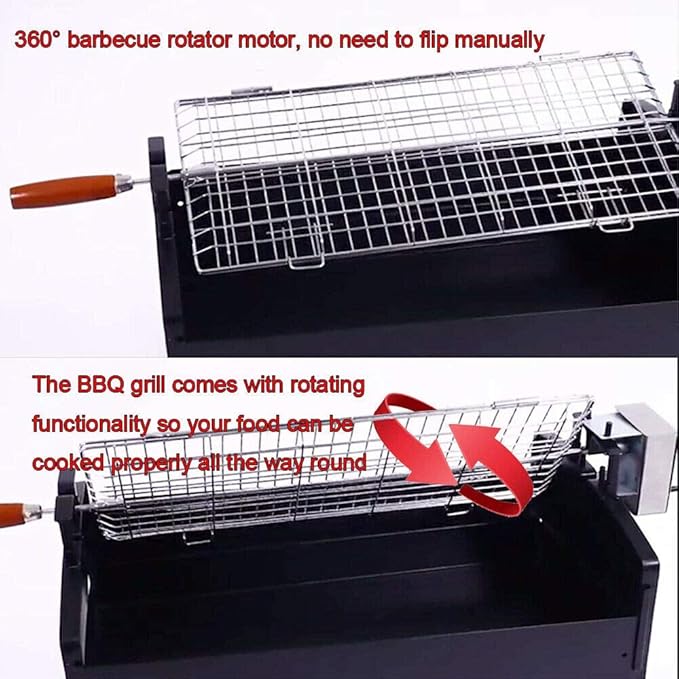 Portable Charcoal Grill for Camping BBQ, Outdoor Barbecue Grill with Electric Motor Roast, Easy Clean Stainless Steel BBQ Grill for Picnic Patio Party,A-1