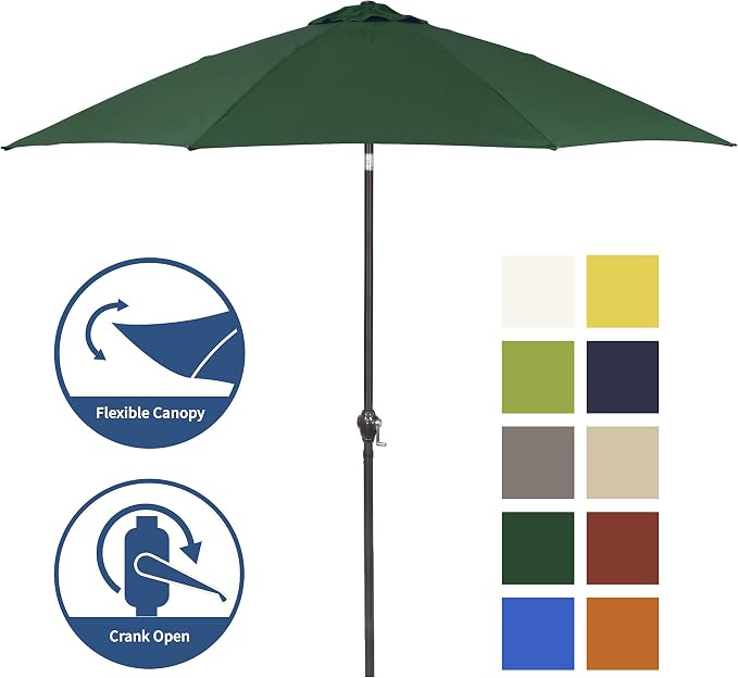 Sunline 9 ft Patio Umbrella with Crank & Push Button Tilt, Outdoor Market Umbrella with UV Protection & Wind Vent and Fiberglass Ribs, Metal Frame for Deck, Pool & Table, Hunter Green