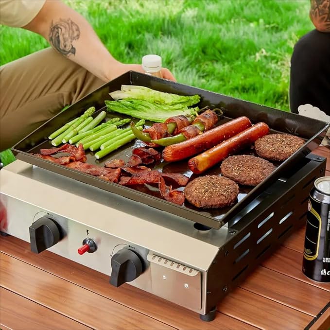 SKOK 2 Burner Gas Griddle-17 Inch Outdoor Propane Griddle- 20000 BTU Propane Fuelled, Portable Flat Top Gas Grill Camping Griddle Station for Kitchen, BBQ, Tailgating or Picnicking