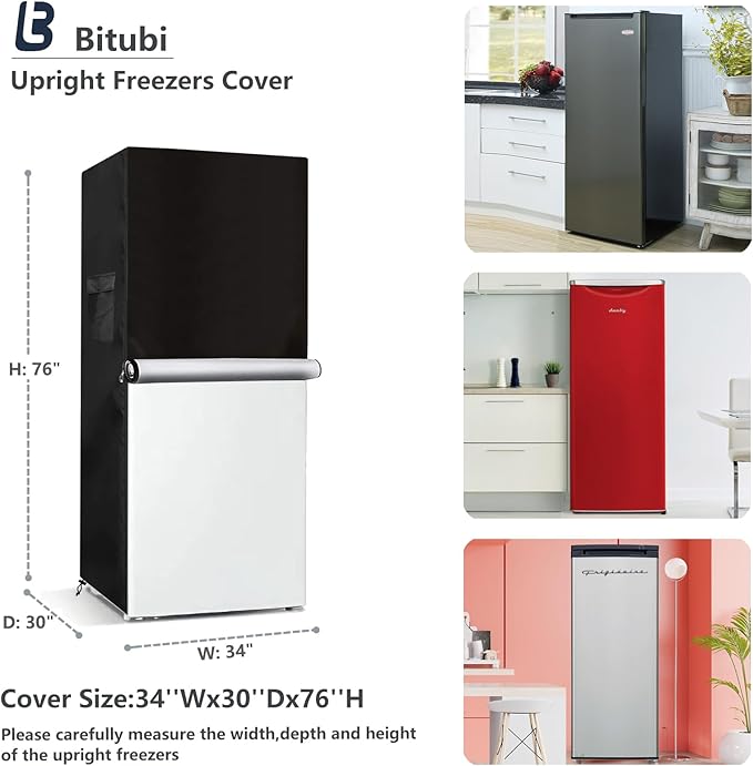 Bitubi Upright Freezers Cover,Outdoor Refrigerator Cover,– Waterproof, Dustproof, Sun-Proof, 34"W x 30"D x 76"H. Suitable for most 20-25 Cubic Compact Mini Freezer on market (Black)