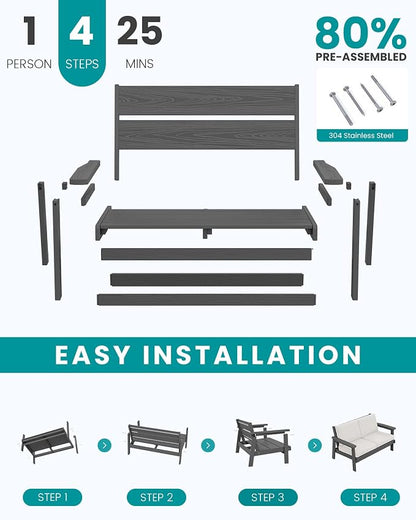 SERWALL HDPE Outdoor Patio Loveseat, All Weather Wood-Like Outdoor Sofa HDPE Outdoor Furniture, Grey Frame and Khaki Cushion