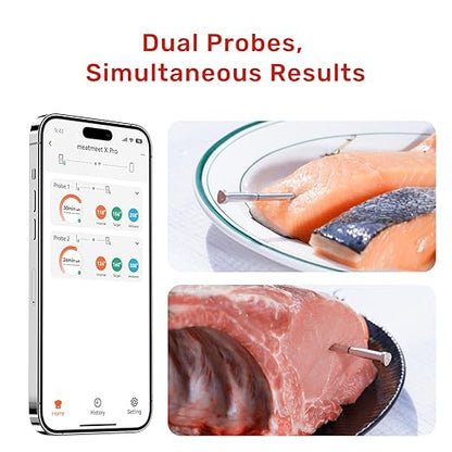 Wireless Bluetooth Meat Thermometer Digital, Standalone Base, WiFi Unlimited Range, AI guided cooking, 6 Sensors with ± 0.18°F Accuracy, 2 Probes for Kitchen, BBQ, Grill, Oven, Smoker (X Pro)