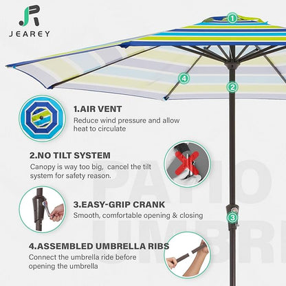 JEAREY 11' Patio Umbrellas Outdoor Table Market Umbrella w/Crank, 8 Sturdy Ribs, UV Protection Windproof for Garden, Deck, Backyard, Pool(Blue Green Striped)