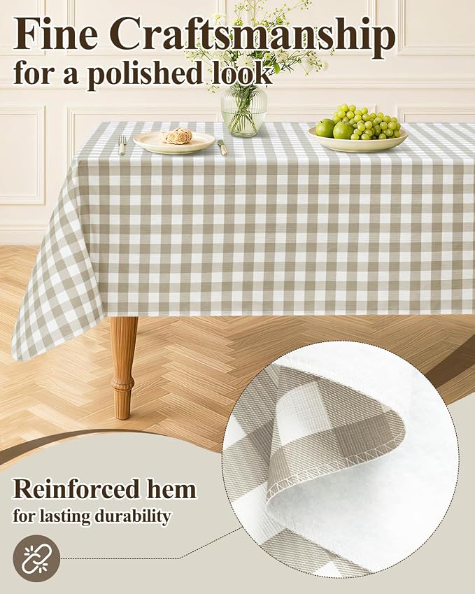 Seenus Khaki Gingham Flannel Backed Tablecloth for Cottage Farmhouse Decor, Waterproof & Easy Clean Checkered Table Cloth for Summer Camping, Outdoor Picnic & Large Banquet Party, 54 x 108 Inch