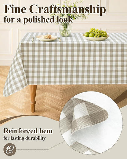 Seenus Khaki Gingham Flannel Backed Tablecloth for 8 ft Table, Waterproof & Easy Clean Checkered Table Cloth for Summer Camping, Outdoor Picnic & Large Event Party, 60 x 120 Inch