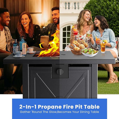 R.W.FLAME 28'' Propane Fire Pit Table, 40,000 BTU, Portable, with Lava Racks, Lid, Rain Cover, Smokeless for Outside Paito/Garden/Backyard