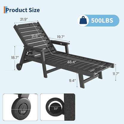 Garvee Lounge Chair Outdoor Set of 2 with Wheels & 5-Position Adjustable Backrest, Oversized Chaise Lounge with 2 Move Handle, HDPE Lounge Chair w/Detachable Cup Holder, for Patio, Pool,Dark Gray