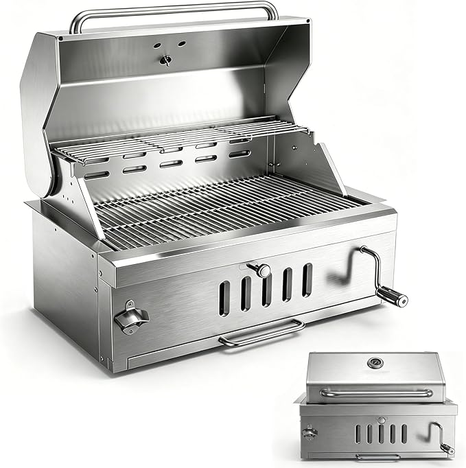 Large Charcoal BBQ Grills, Built in Barbecue Grill with Liftable Tray, Insulated Hood & Temp Gauge, Silver Stainless Steel BBQ Barrel Grill for Outdoor Kitchen Cooking Family Parties Patio Park Style