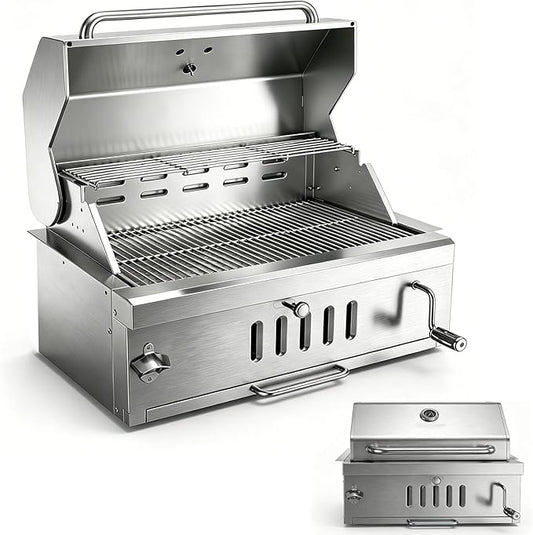 Large Charcoal BBQ Grills, Built in Barbecue Grill with Liftable Tray, Insulated Hood & Temp Gauge, Silver Stainless Steel BBQ Barrel Grill for Outdoor Kitchen Cooking Family Parties Patio Park Style