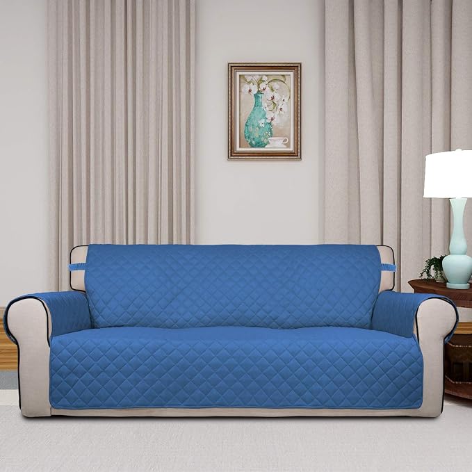 PureFit Reversible Quilted Sofa Cover Dog Couch Covers for Sofa, 66 in | Blue/Ivory, Water Resistant Couch Protector, Washable Pet Couch Cover with Non Slip and Elastic Straps For Kids
