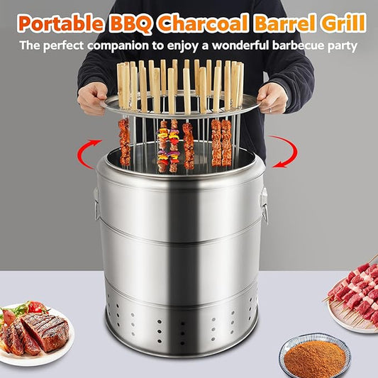 Portable Barbecue Charcoal Barrel Grill, Stainless Steel Surround Charcoal kebab Grill with 28 Skewers Grilling Accessories Set, for Travel Camping Picnic Patio Backyard - Diameter 15.4 inch