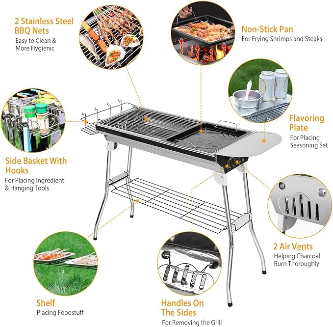 Portable Charcoal Grills,Outdoor Folding Barbecue Grill, Stainless Steel Foldable BBQ Grill Set w/Spice Plate&Storage&Holder,Large Kabob Smoker Grill for Cooking Camping Picnic Garden Party-US Spot
