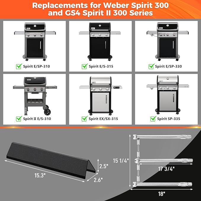 Spirit e310 Grill Parts, 7636 Flavorizer Bars and 69787 Burner Tube Kit for Weber Spirit 300 and GS4 Spirit II E310 Spirit E310 E/S315 E/S320 Grills With Front Control, Heat Plates 15.3" & Burner 18"