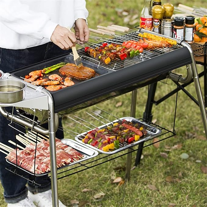 Portable Charcoal Grill for Camping BBQ Grills, Outdoor Barbecue Grill with Thickened Stainless Steel Fire Rod, Foldable & Removable Rack for Smoking and Grilling, A-1