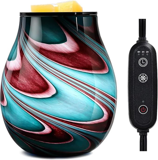 Inrorans Glass Electric Wax Melt Warmer Oil Burner with Stable Heating PTC Reusable Silicone Tray 7 Colorful Changing Led Light Night Light Scent Warmer for Home Fragrance Warmers-Brownblue Timer