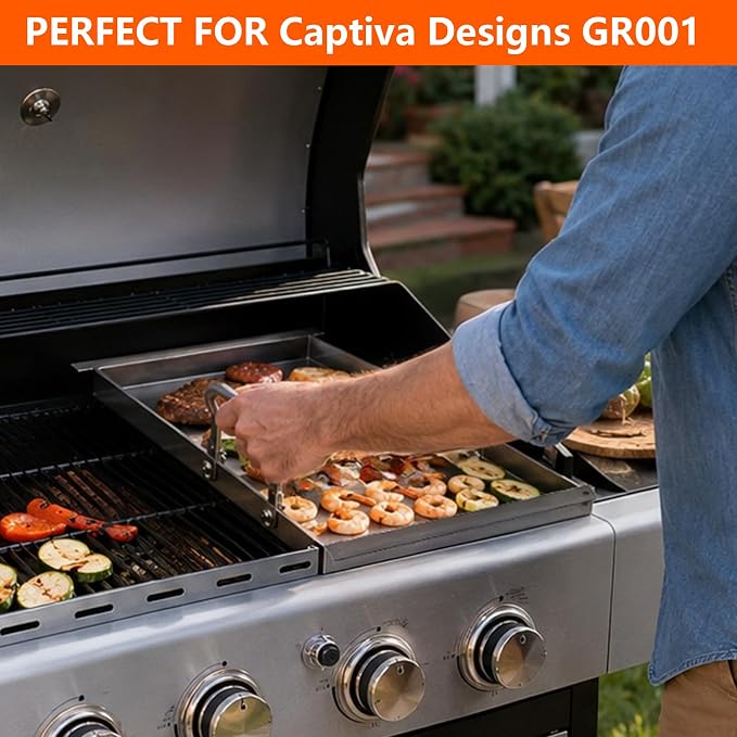 Half-Size Stainless Steel Flat Top Griddle Insert for Captiva Designs GR001 | 12.5" L x 16.5" W for 4-Burner Propane Gas Grill, Universal Griddle Plate, Non-Stick Grill Accessory for Outdoor Cooking