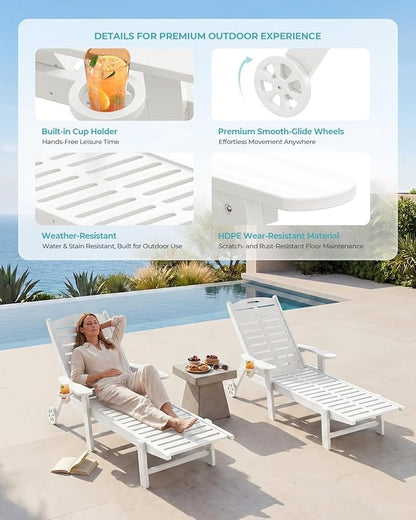 Lounge Chair Outdoor with Wheels & Cup Holder, 5-Position Adjustable Heavy Duty Patio Lounge Chair, HDPE Outdoor Chaise Lounge, 350 lbs Capacity, All Weather for Poolside, Deck, Backyard (White)