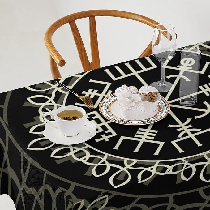 Vintage Viking Pattern Tablecloth, Viking Ancient Runic Scandinavian Celtic Seasonal Table Cloth Waterproof Wipeable Table Cover for Picnic Holiday Party Kitchen Dining 60x90