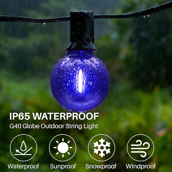 25 FT Blue Outdoor String Lights G40 Globe Shatterproof Patio Lights,13 Plastic Edison Bulbs(1 Spare) IP65 Waterproof Dimmable LED Bulbs for Backyard Porch Balcony Party Decor, E12 Base